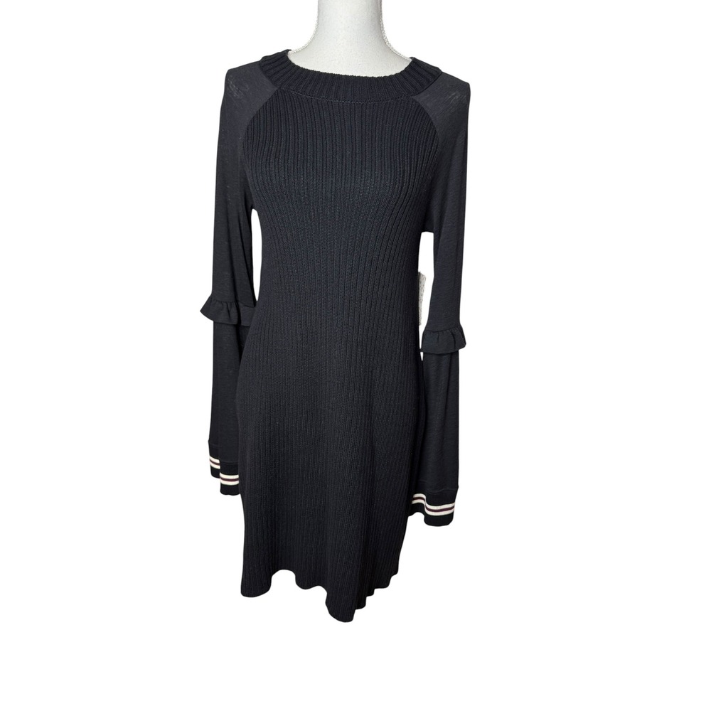 Free People Zou Bisou Knit Sweater Dress Black Combo Ruffle Sleeve Medium NWT